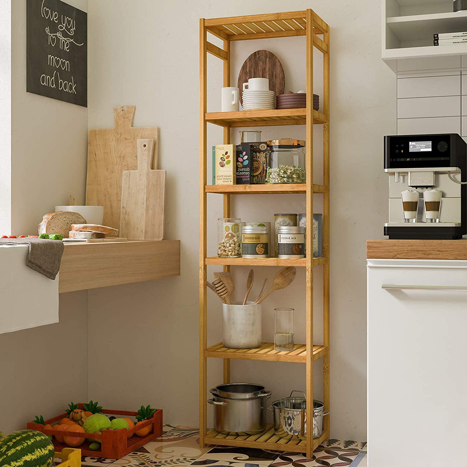 Rebrilliant Bamboo Bathroom Shelf 6 tier 64.2 Height Narrow Shelving Unit Multifunctional Storage Rack Plant Stand Wood Corner Shelf For Kitchen Livingroom Hallway Bathroom Storage Organizer Shelf Rev...